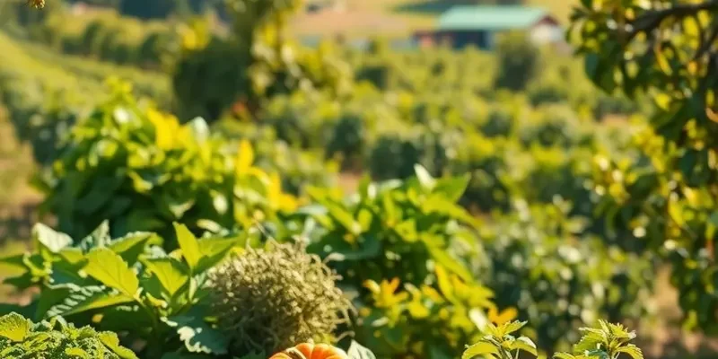 A sunlit view of a field filled with healthy, organic vegetables and fruits.