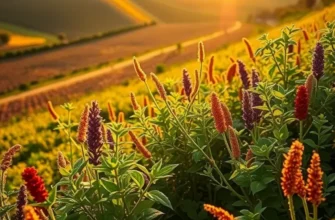 A beautiful natural landscape with fresh herbs and spices in the sunlight, representing the art of cooking.