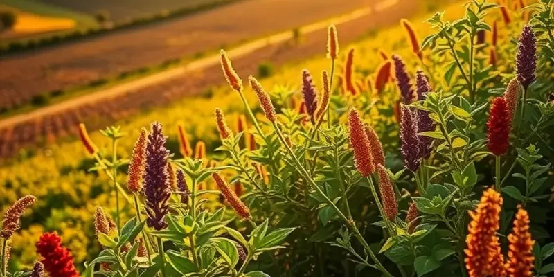 A beautiful natural landscape with fresh herbs and spices in the sunlight, representing the art of cooking.