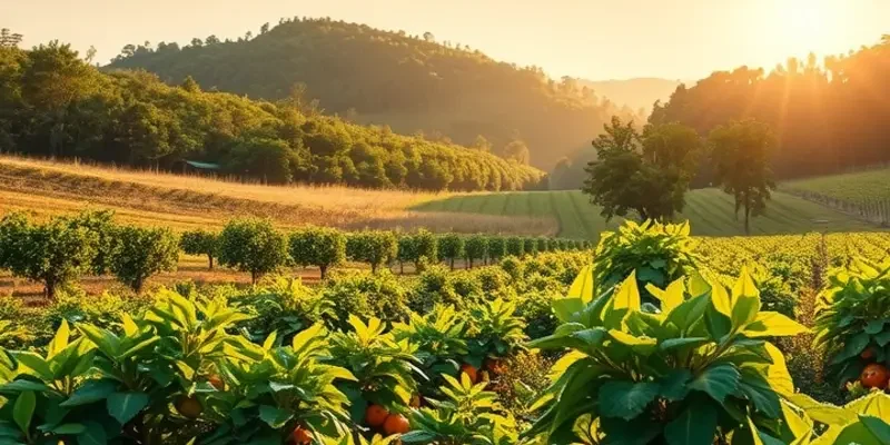 An idyllic field showcasing healthy fruits and vegetables growing in harmony with nature.