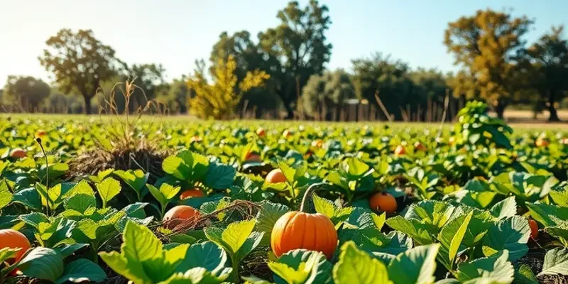 A panoramic view of a thriving food forest filled with lush plants and fruits.