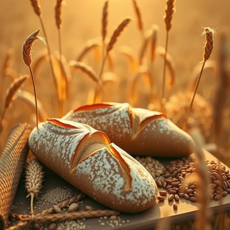 A beautiful display of fresh bread surrounded by organic grains in a sunlit field.