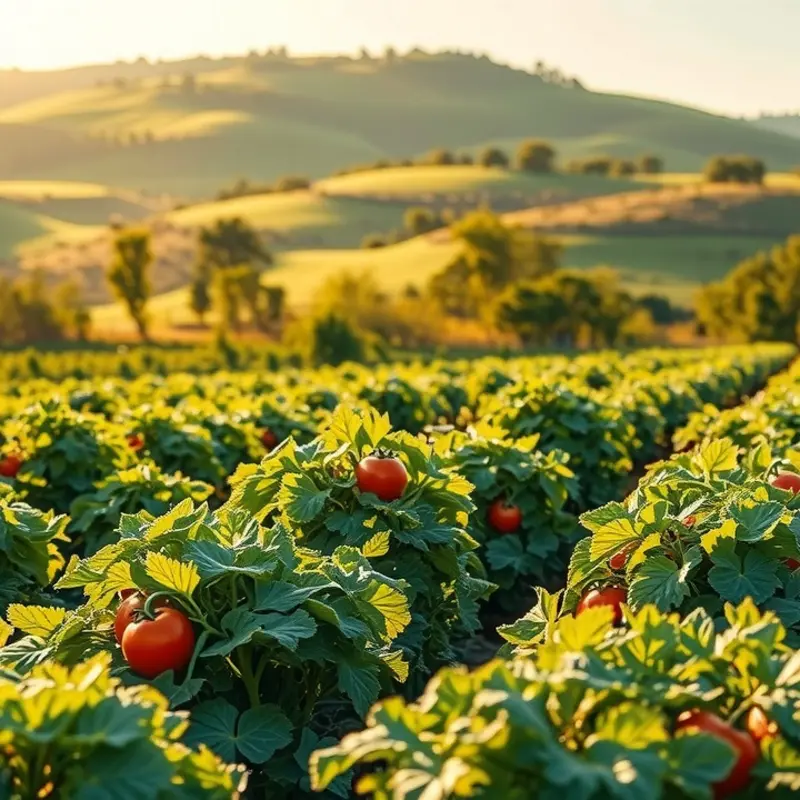 A vibrant orchard filled with fresh vegetables and fruits, representing the ingredients for a delicious lasagna.
