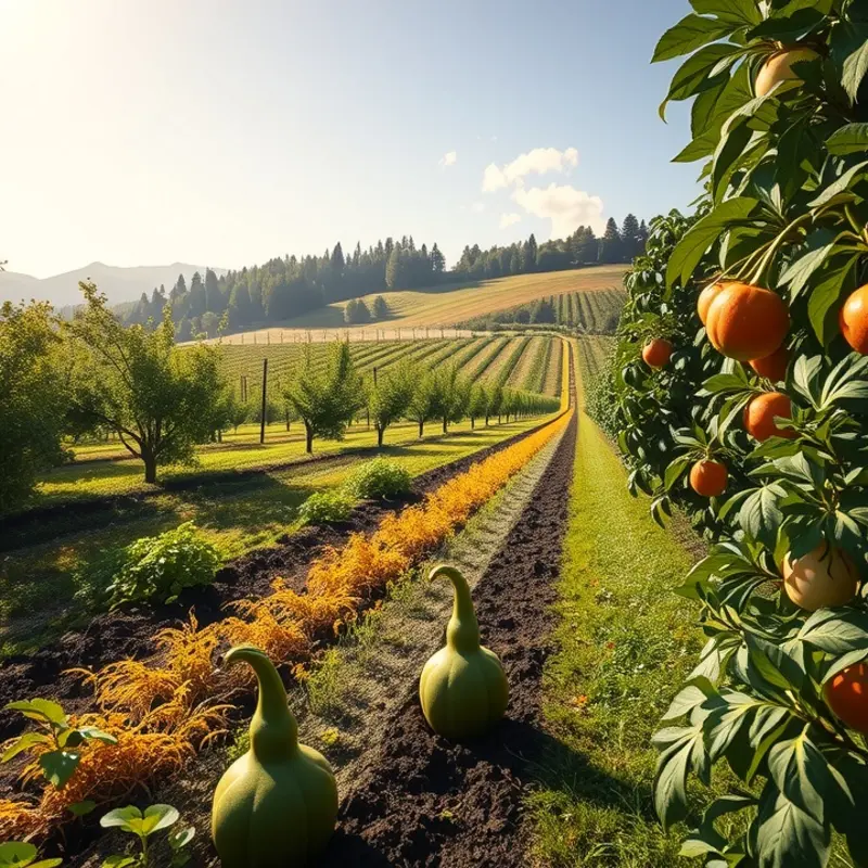 A vibrant sunlit field showcasing fresh vegetables and fruits.