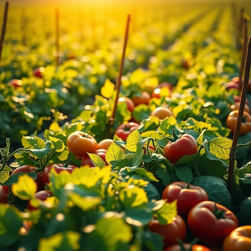 A sunlit field abundant with vibrant fruits and vegetables, representing freshness.