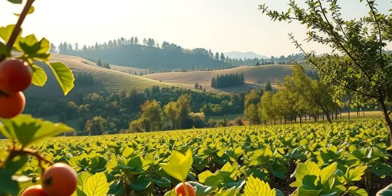 A serene garden brimming with vibrant organic vegetables and fruits.