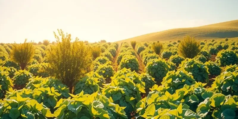 Field of fresh organic produce illuminated by warm sunlight.