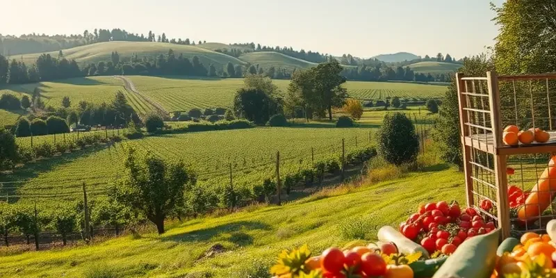 A tranquil orchard filled with fresh, vibrant fruits and vegetables.