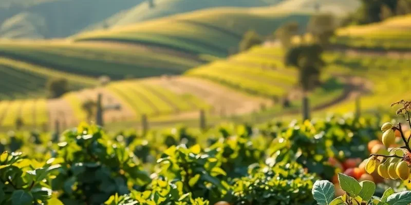 A sunny field showcasing a variety of colorful organic fruits and vegetables, symbolizing the essence of healthy living.