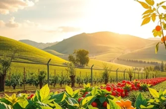 A serene organic landscape showcasing growing vegetables and fruits in a sunlit field.