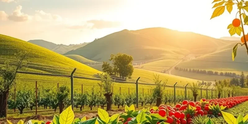 A serene organic landscape showcasing growing vegetables and fruits in a sunlit field.