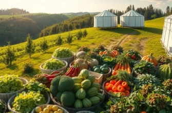 A scenic view of a lush organic landscape with vibrant fruits and vegetables.