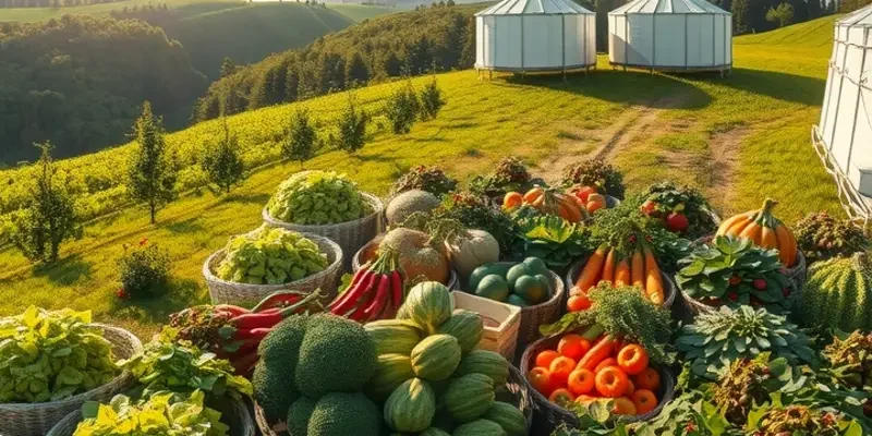 A scenic view of a lush organic landscape with vibrant fruits and vegetables.