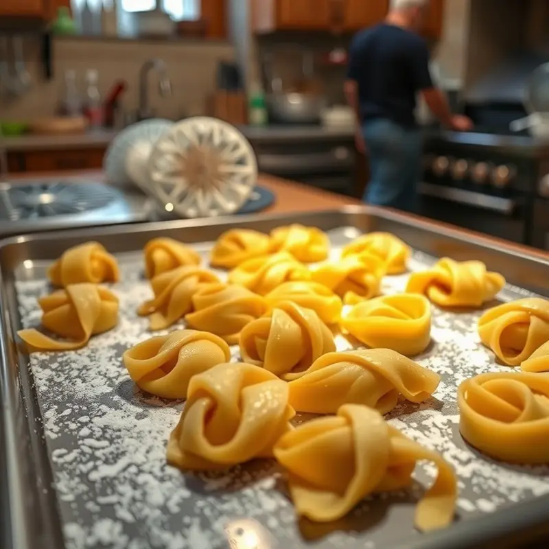 Fresh pasta prepared for freezing is arranged neatly on a baking sheet.