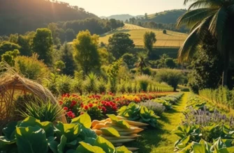 A photorealistic landscape of a lush garden with a variety of fresh vegetables and fruits.