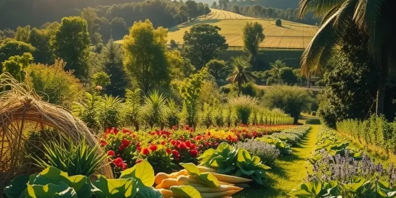 A photorealistic landscape of a lush garden with a variety of fresh vegetables and fruits.