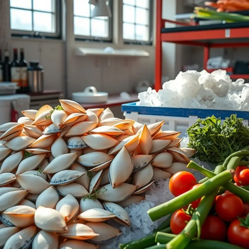 A vibrant market display showcasing fresh shellfish and vegetables.