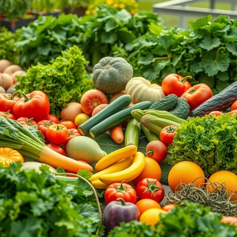 A sunlit field brimming with vibrant vegetables and fruits, symbolizing fresh and organic ingredients.