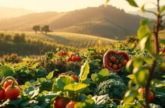 A picturesque landscape filled with fresh vegetables and fruits growing organically under sunlight.