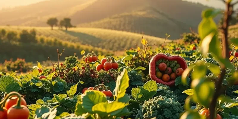 A picturesque landscape filled with fresh vegetables and fruits growing organically under sunlight.