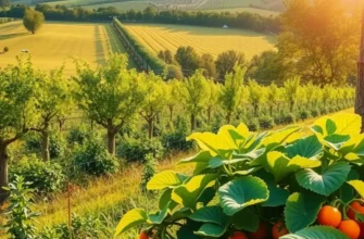 A beautiful vista of an orchard with plentiful fruits and vegetables under a warm sun.