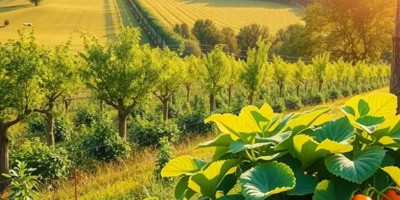 A beautiful vista of an orchard with plentiful fruits and vegetables under a warm sun.