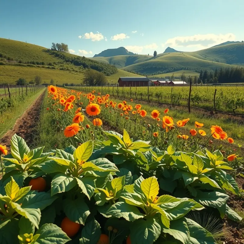 A sunlit field showcasing organic vegetables growing in harmony with nature.