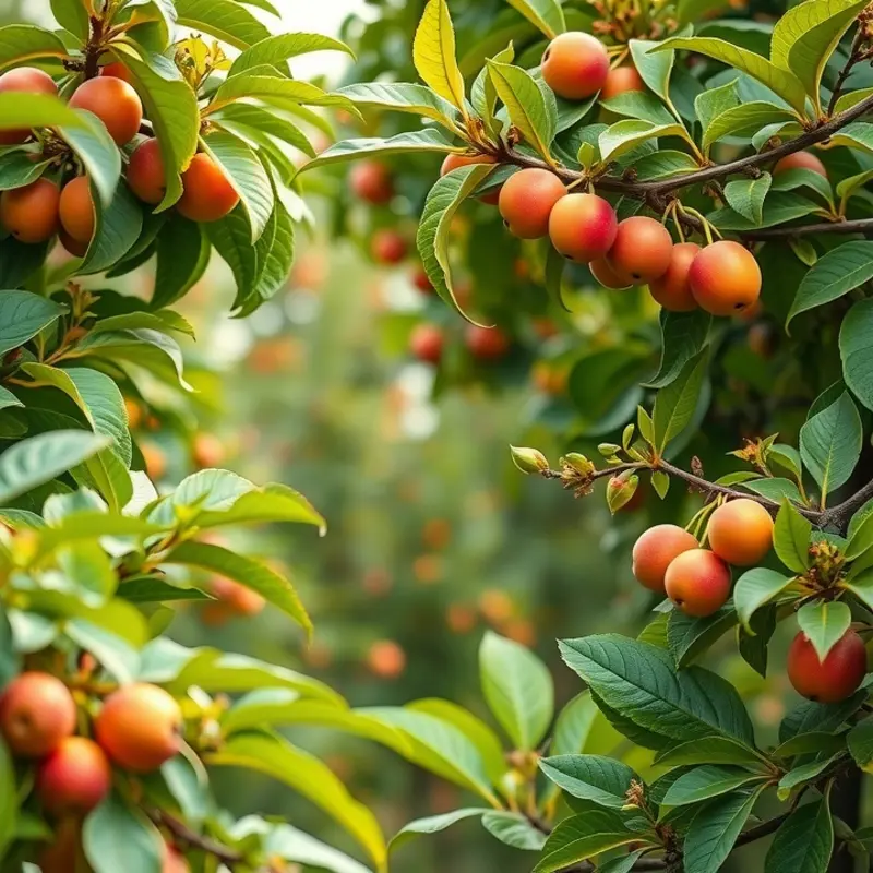 An orchard filled with vibrant fruits growing among lush greenery.