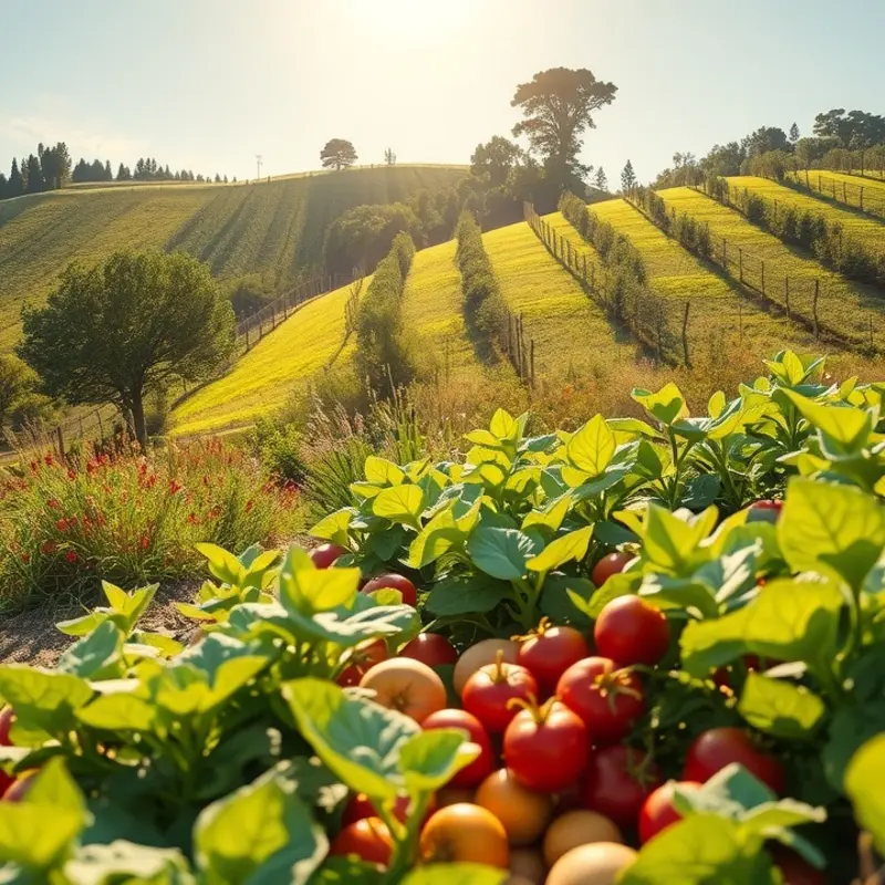 A sunlit orchard with vibrant fruits among lush greenery.