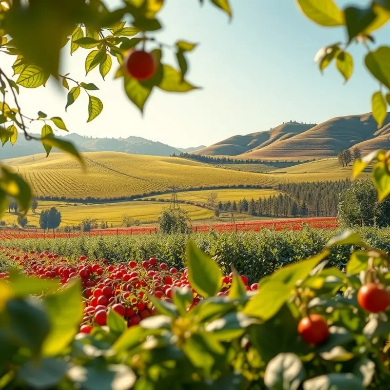 A serene orchard filled with blossoming fruit trees under soft sunlight.