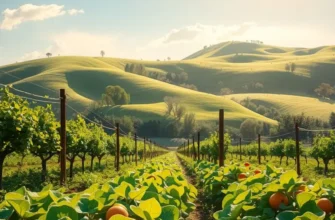 A picturesque field filled with vibrant fruits and vegetables surrounded by greenery.