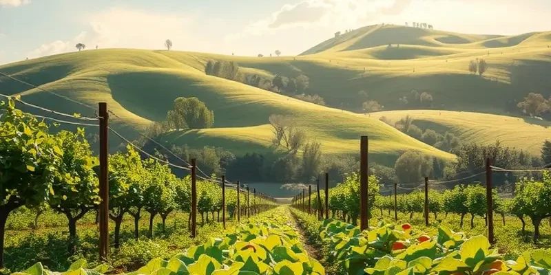 A picturesque field filled with vibrant fruits and vegetables surrounded by greenery.