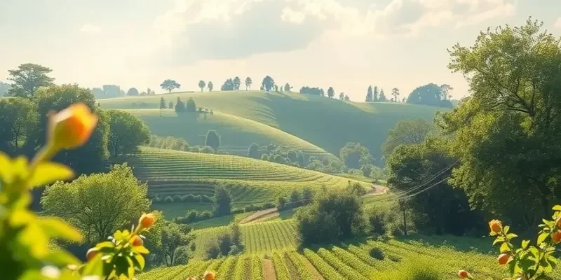 Vibrant landscape of organic vegetables and fruits growing naturally in a sunlit field.