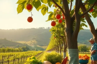 A peaceful orchard displaying a variety of natural, organic foods growing abundantly.