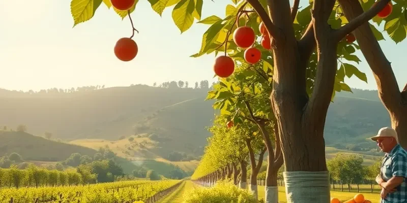 A peaceful orchard displaying a variety of natural, organic foods growing abundantly.