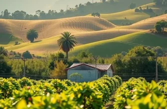 A sunlit field filled with organic fruits and vegetables in a lush setting.