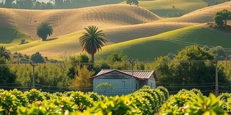 A sunlit field filled with organic fruits and vegetables in a lush setting.