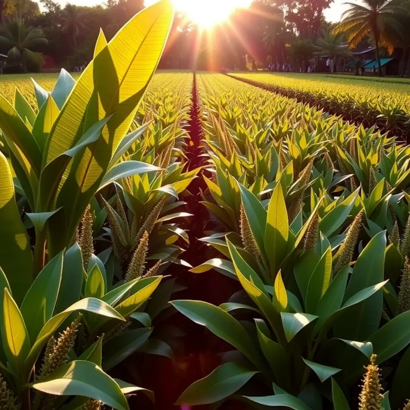 A beautiful sunlit field showcasing guayusa plants amidst lush greenery.