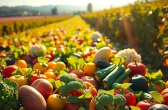 A lush, sunlit field full of fruits and vegetables, representing healthy cooking.