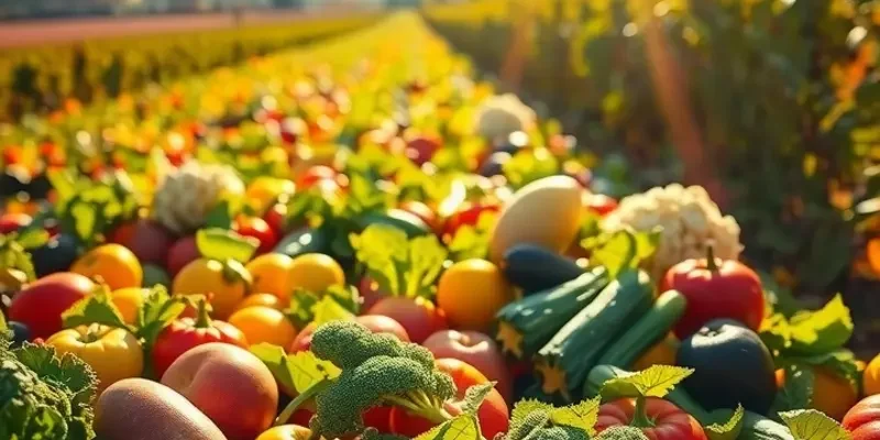 A lush, sunlit field full of fruits and vegetables, representing healthy cooking.