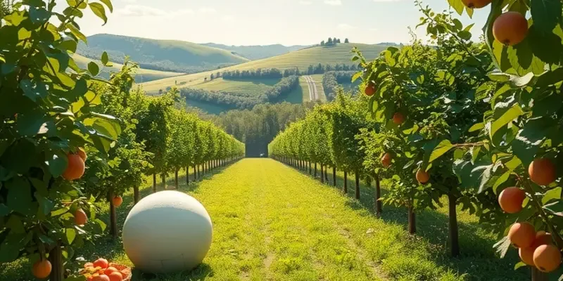 A vibrant harvest landscape filled with ripe fruits and vegetables in a sunlit field.