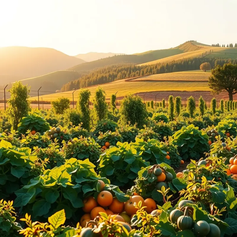 A picturesque orchard filled with ripe vegetables and fruits under the warm sun.