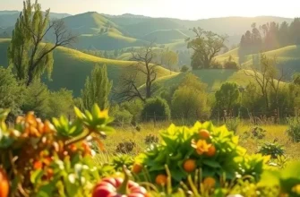 An orchard scene depicting an abundance of vibrant fruits and vegetables in a picturesque landscape.