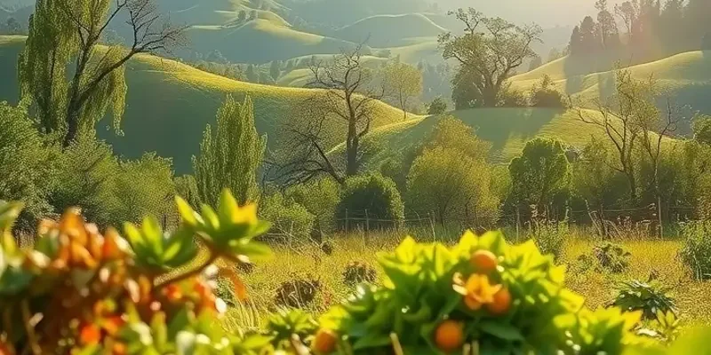 An orchard scene depicting an abundance of vibrant fruits and vegetables in a picturesque landscape.