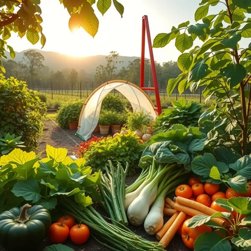 A serene landscape featuring vibrant produce in a sunlit orchard.