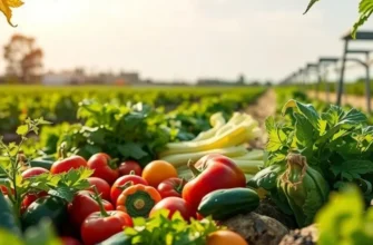 A bright field filled with organic vegetables and fruits symbolizing healthy eating.