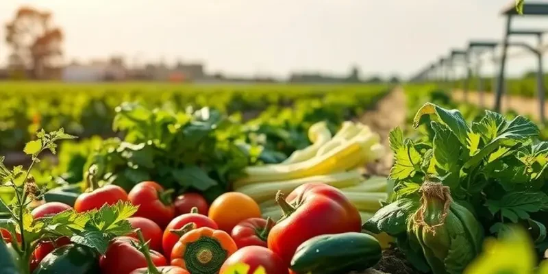 A bright field filled with organic vegetables and fruits symbolizing healthy eating.