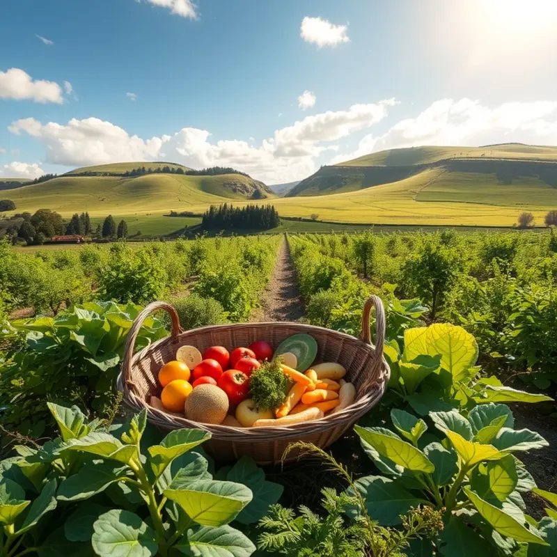 A sunlit landscape showcasing vibrant vegetables and fruits.
