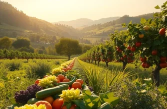 A scenic view of a sunlit orchard filled with vibrant organic produce.
