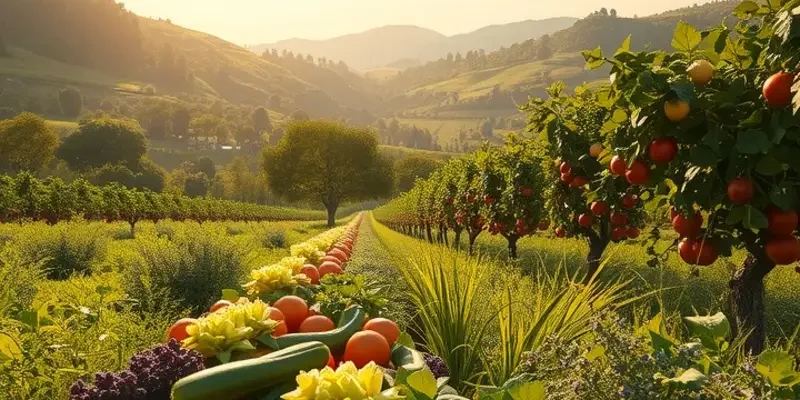 A scenic view of a sunlit orchard filled with vibrant organic produce.